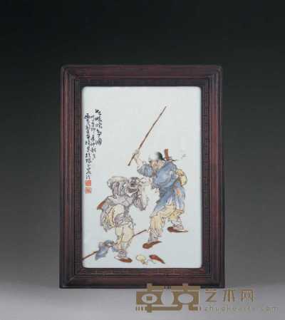 民国 王琦绘粉彩世界瞎争图瓷板 37.3×24.6cm